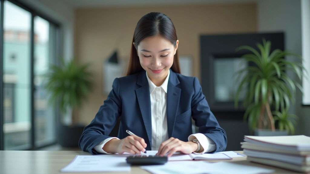 Professional accountant reviewing financial documents and invoices at organized desk with calculator and files
