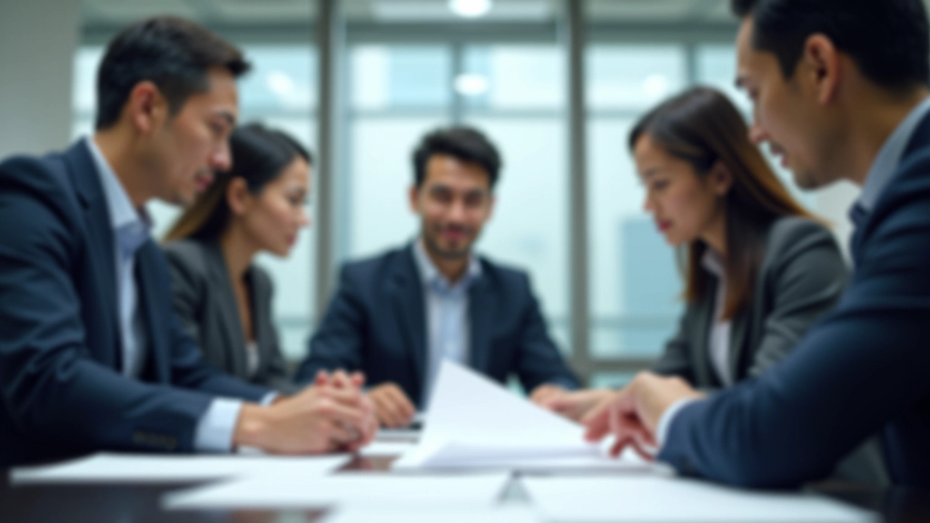 Business meeting room with team discussing financial reports and payment status