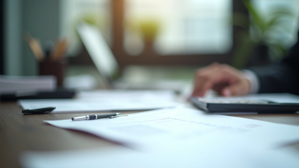 Professional modern office workspace with accounting materials, invoices, and business documents organized on desk