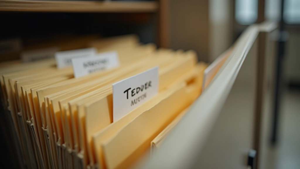 Organized filing system with color-coded folders and labeled documents, showing systematic document management in professional office setting