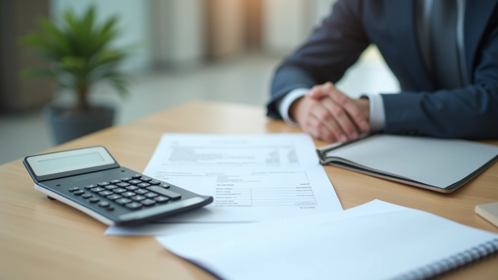 Modern office workspace with organized financial documents and desk, professional Hong Kong business environment, natural lighting, clean composition